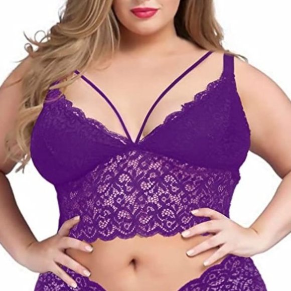 Women's Plus Size Purple Lace Mesh Floral Underbust Band Bra Panty Lingerie Set - Picture 2 of 5